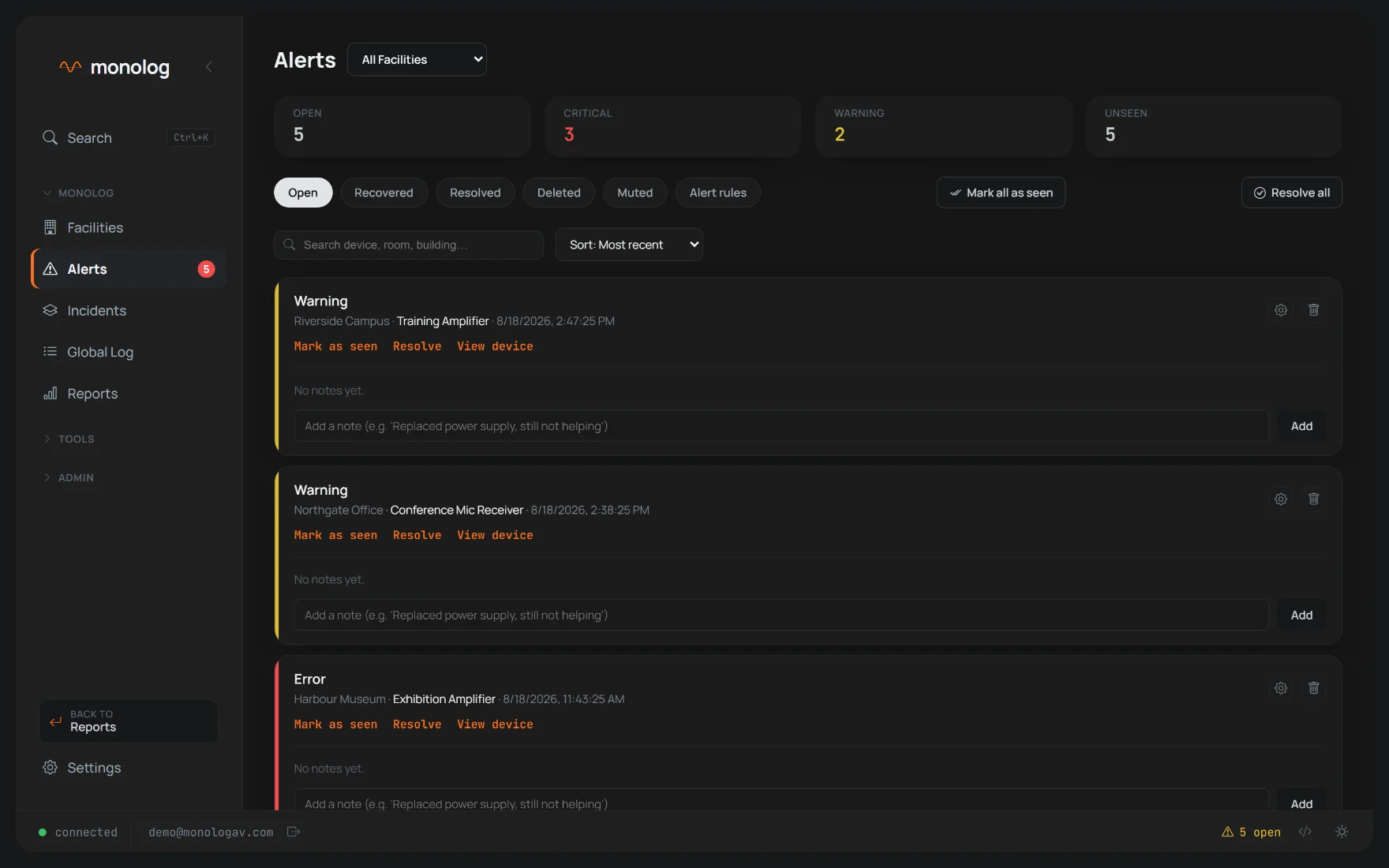 Alerts screen with open alerts, severity and notes.