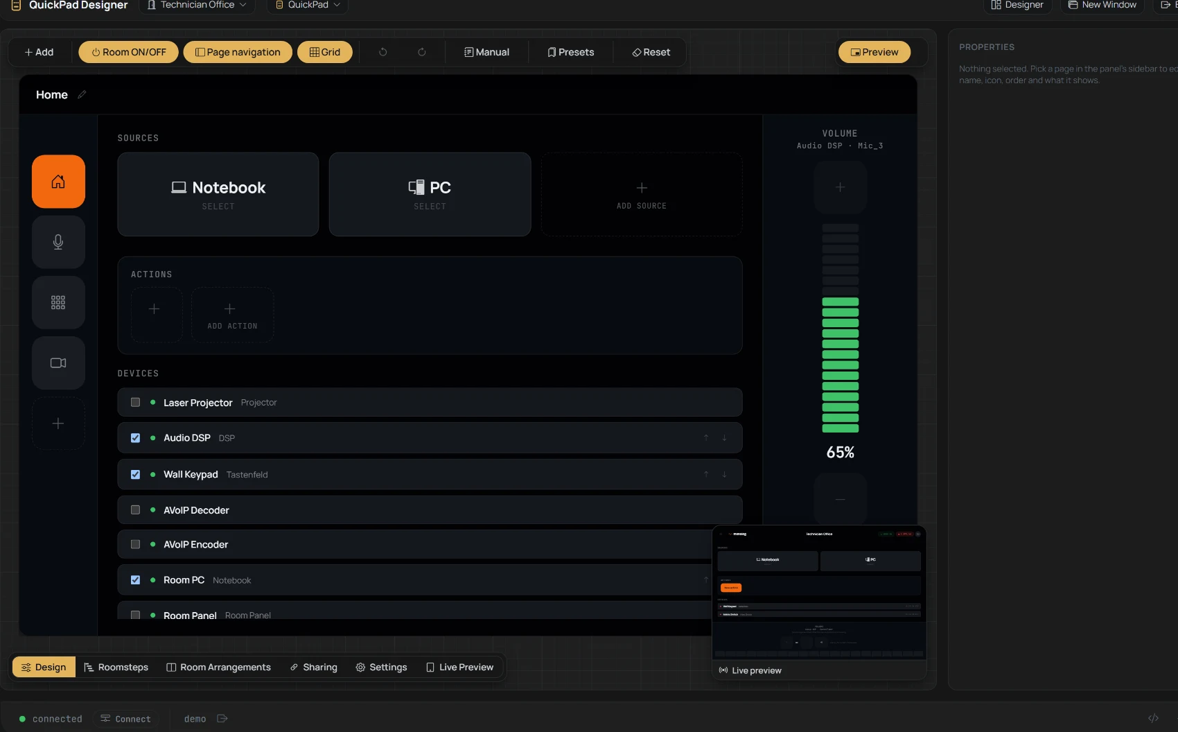 QuickPad designer in monomanager with pages, source buttons, device list, volume fader and a live preview of the room panel.