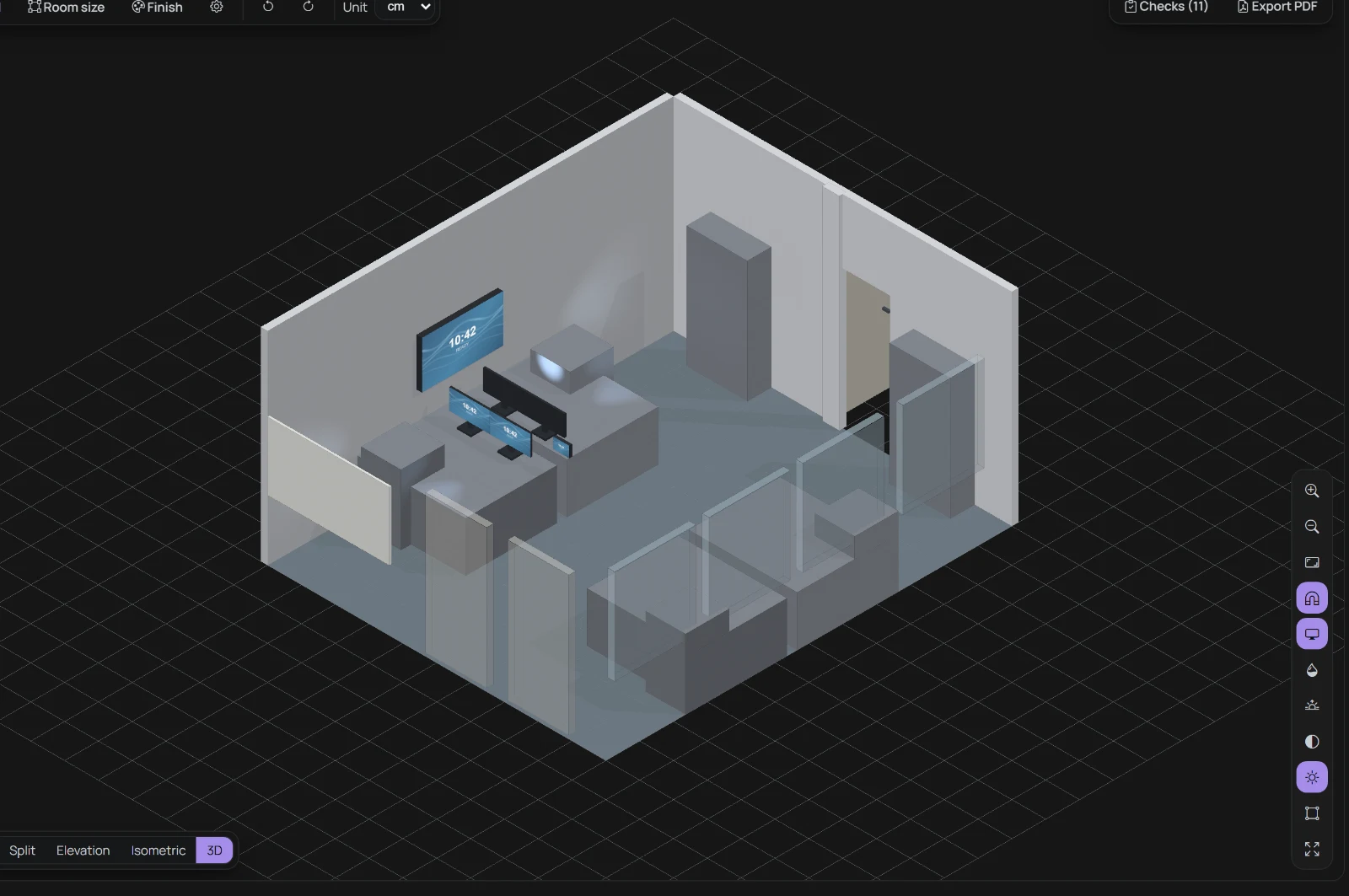 RoomSketch in monomanager: a 3D view of the room with walls, desks, display wall and rack.